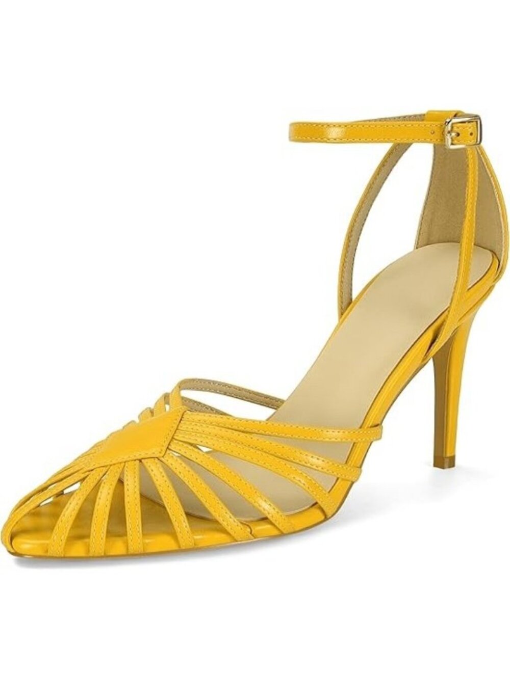 Sovanyou Size 8 Heels Strappy Cage Design Stiletto Yellow Pointed Toe